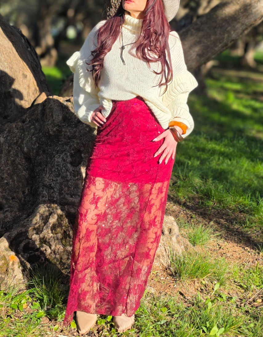 Miniature : jupe longue à dentelles et strass