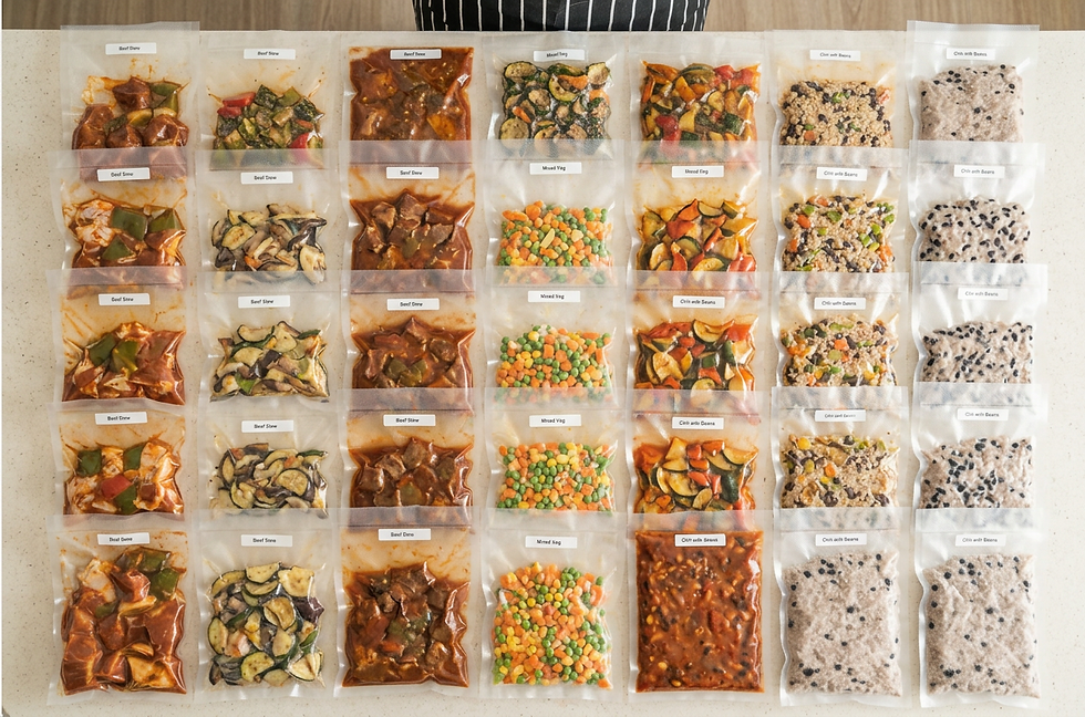 Firefly_Gemini Flash_paquetes de plastico sellados al vacío con comida preparada adentro, 