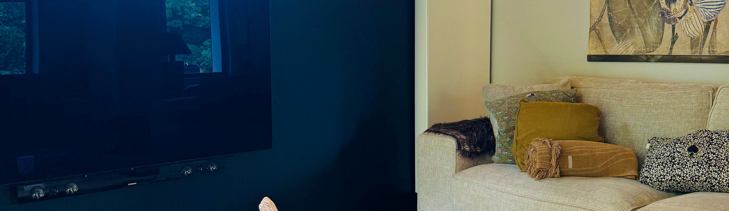 Salon TV cosy avec canapés confortables et décoration élégante