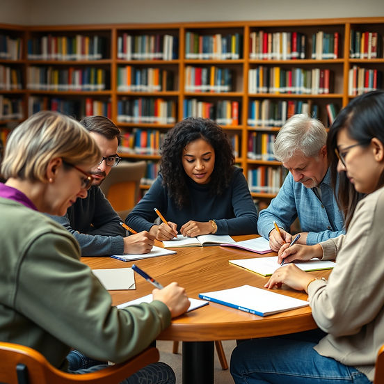 Community of adults mixed ages, with at least one person of colour sitting round a table a