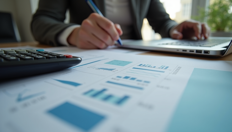 Eye-level view of a person reviewing financial plans with a laptop and notes