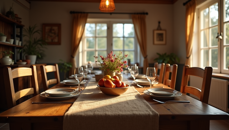 Eye-level view of a rustic family dining table set for a meal, with no people present