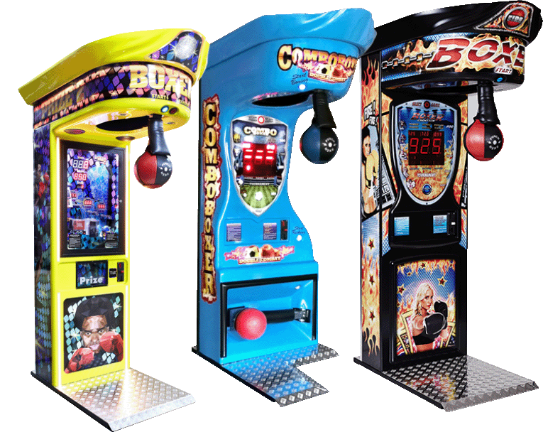 Row of colourful boxing arcade machines in a venue