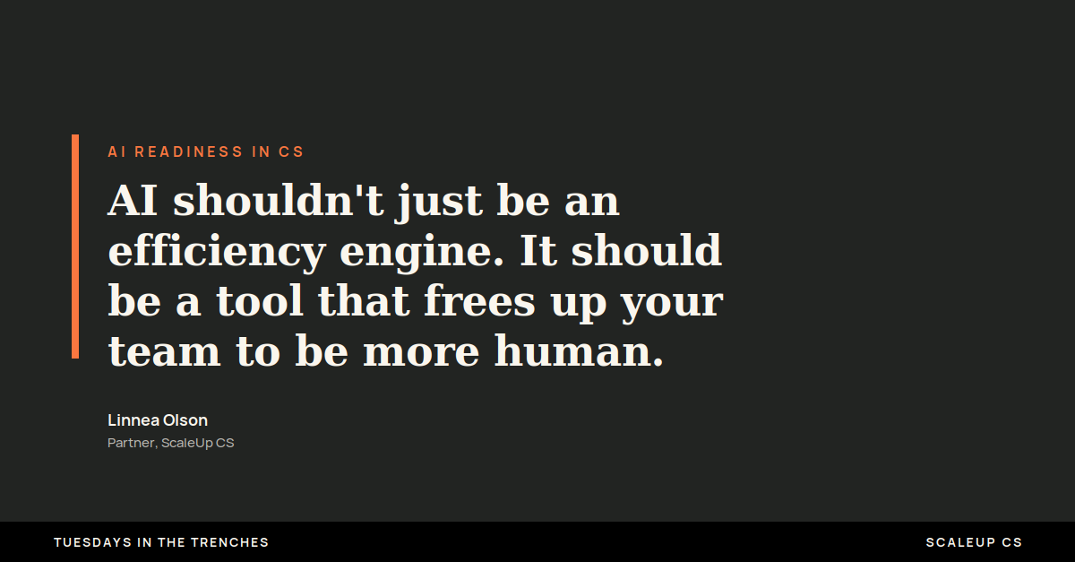 Typography quote graphic from the AI readiness pillar on a dark background. Quote reads "AI shouldn't just be an efficiency engine. It should be a tool that frees up your team to be more human." Eyebrow label: "AI Readiness in CS." Attributed to Linnea Olson, Partner at ScaleUp CS.