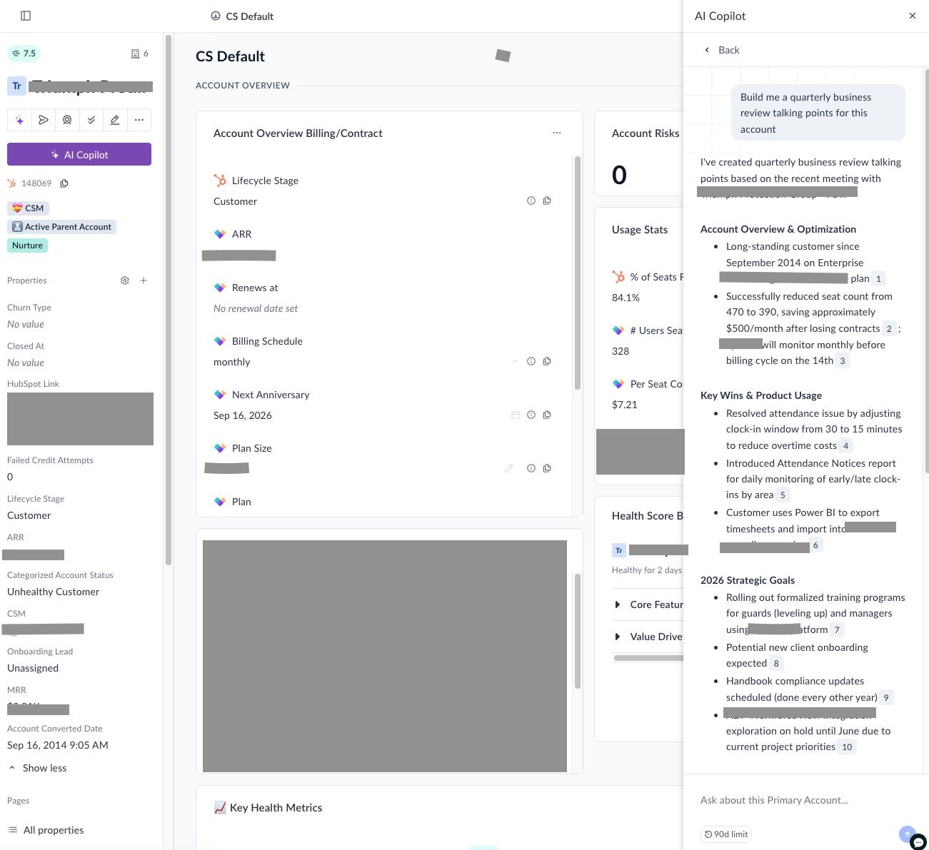 AI summary view from Vitally providing in depth account analysis.