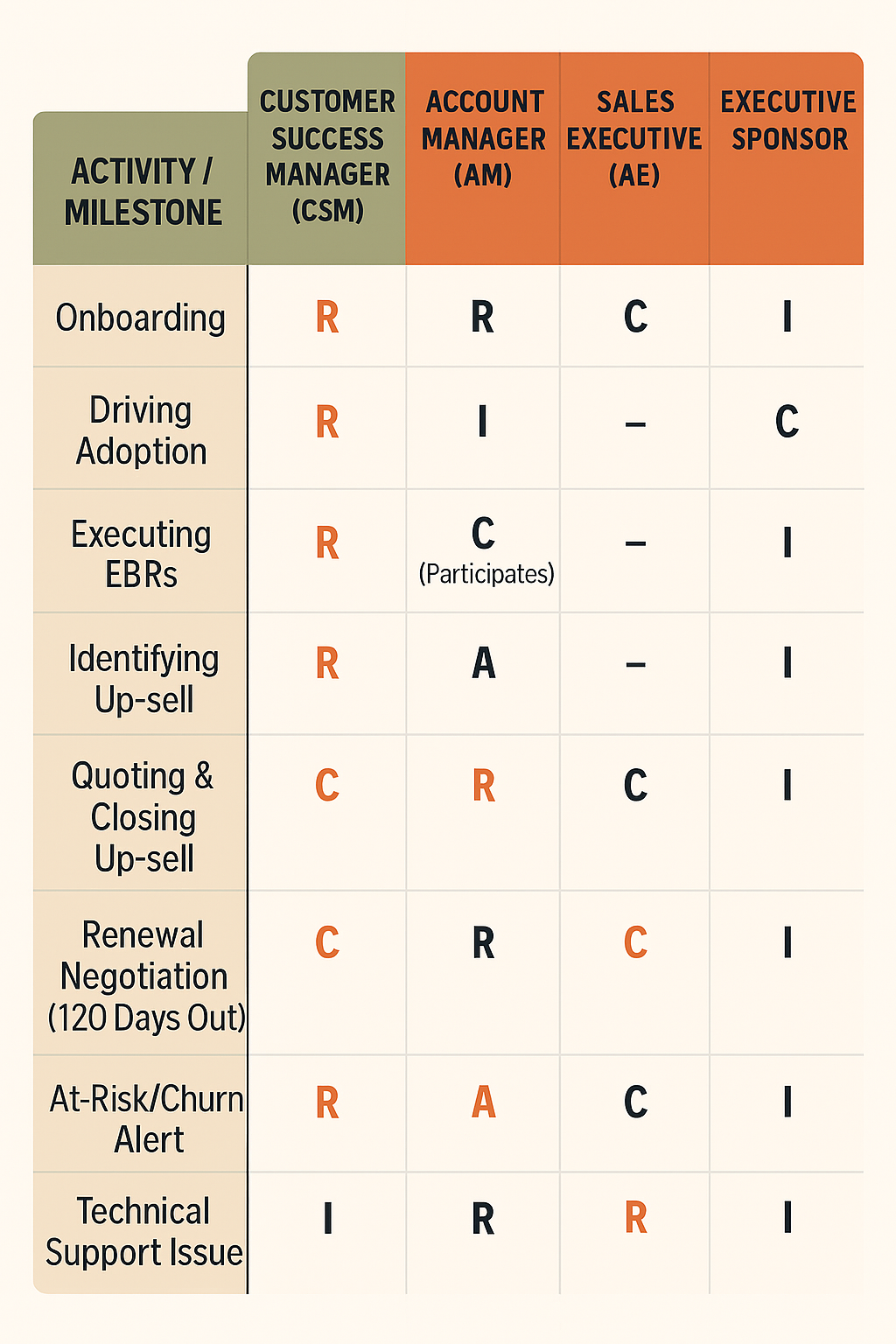 RACI Matrix defining CS and AM roles