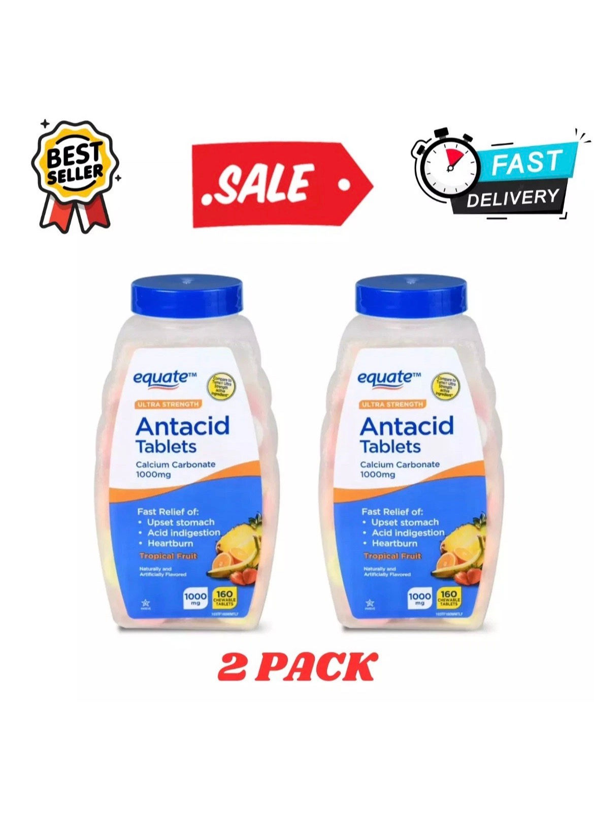 Value Pack 2 x Equate Ultra Strength Tropical Fruit Antacid Chewable Tablets 160