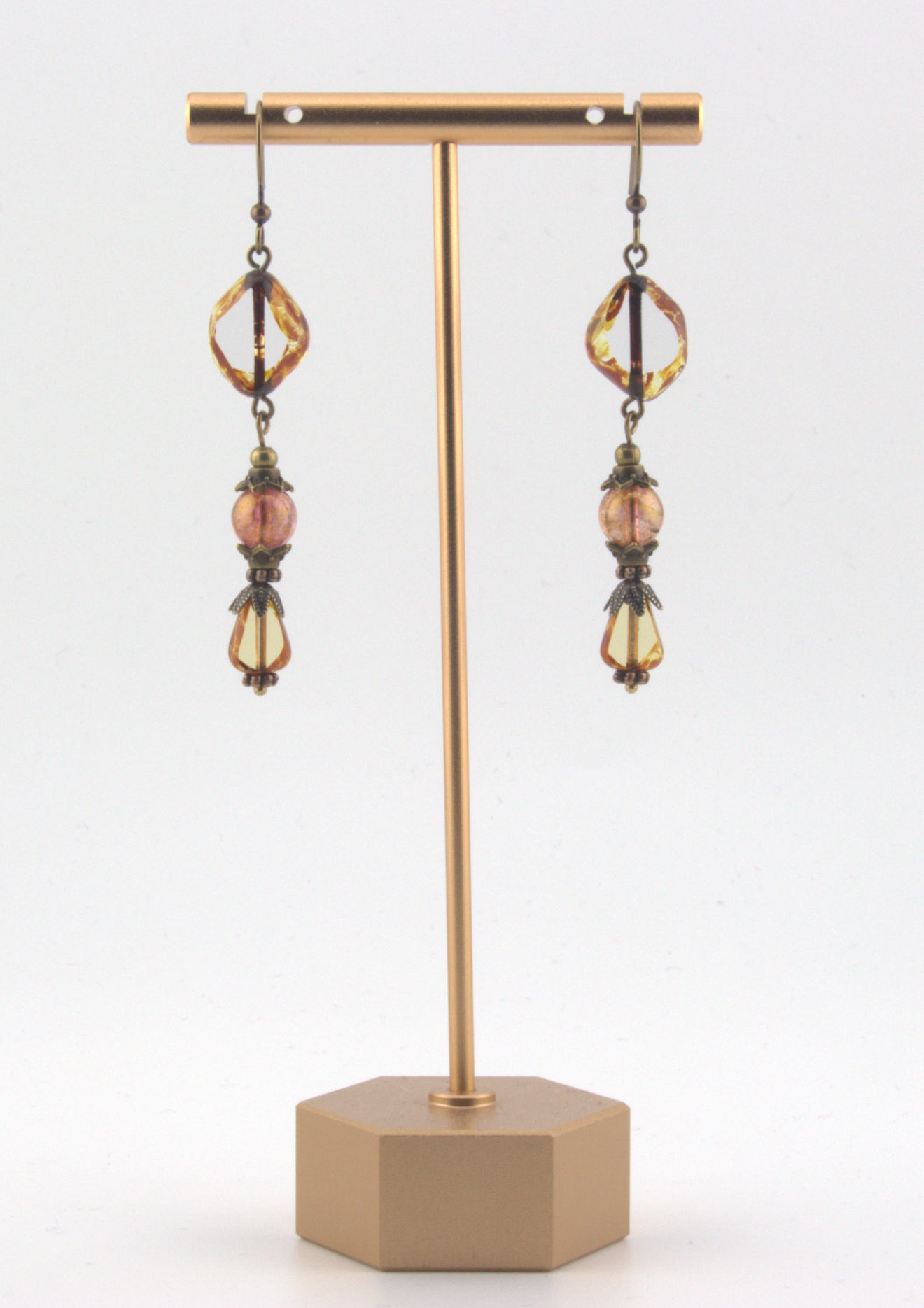 Vintage Smoky Topaz and Amber Czech Glass Dangle Earrings - on stand