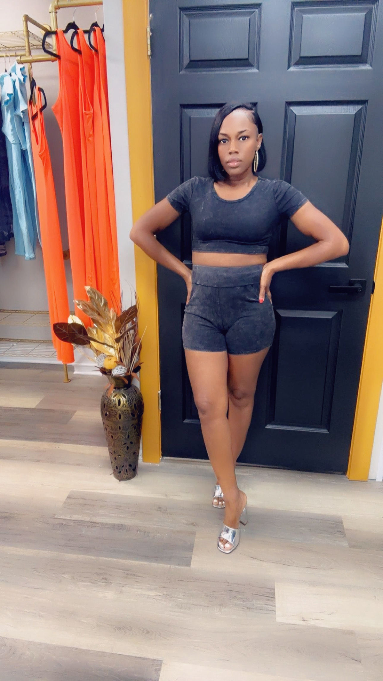 gray Spandex two piece short set,