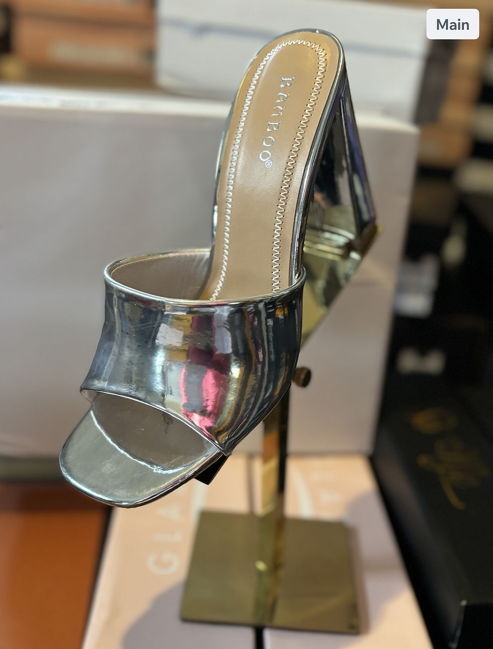 Silver high heel shoe .name Chunky silver pat.