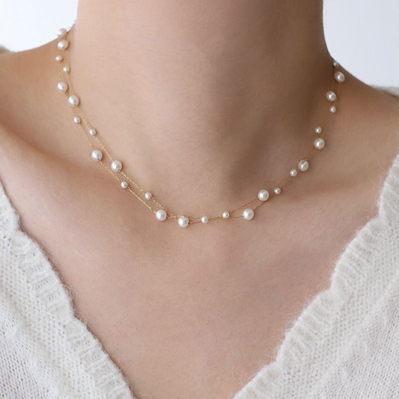 Stainless Steel Temperament Pearl Chain Choker Necklace for Women Waterproof Col