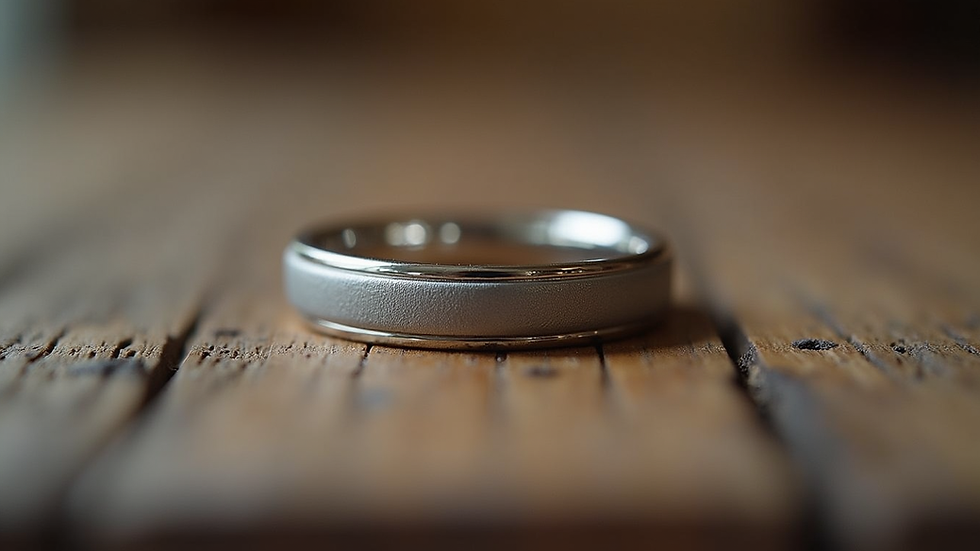 Close-up view of a wedding ring on a rustic wooden surface at a Virginia venue