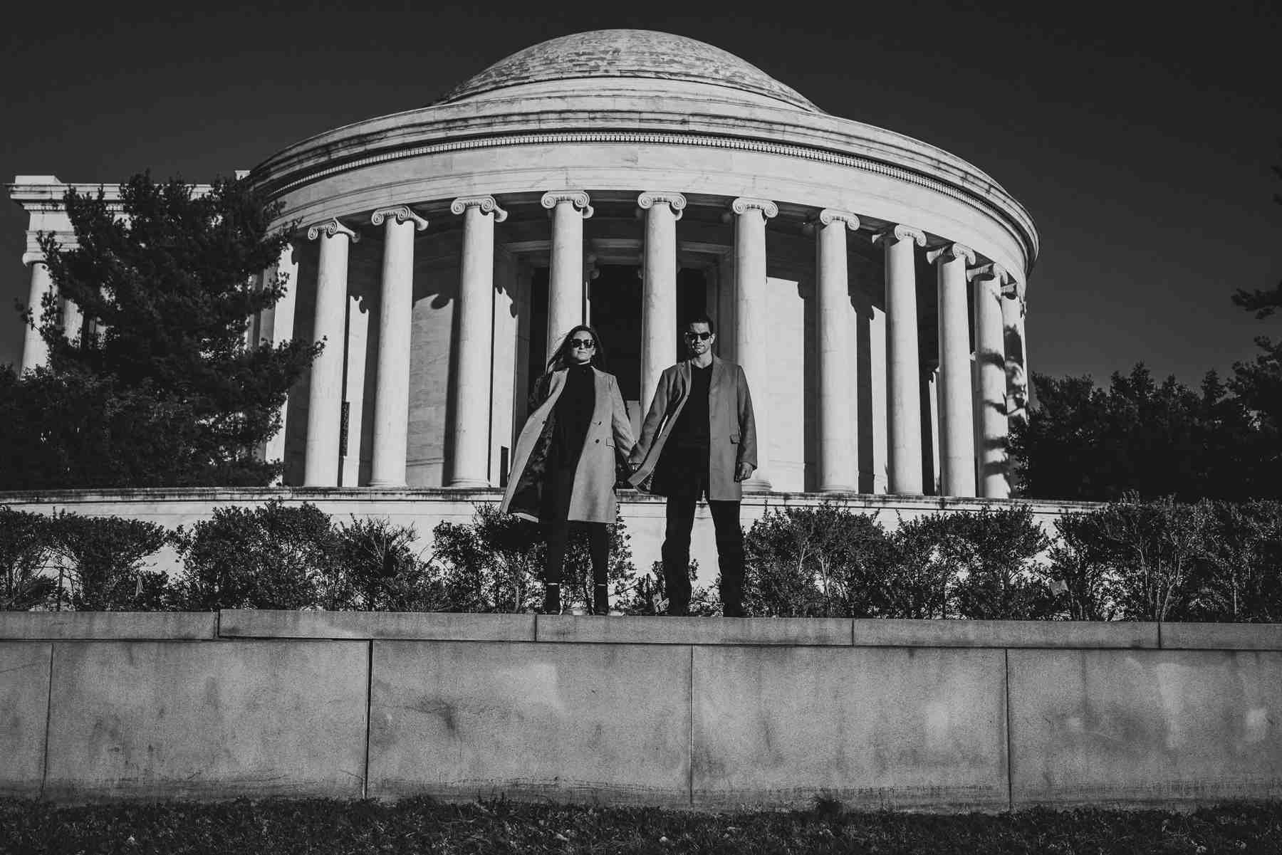 Nicholas and Joana during their sunrise engagement session at the Jefferson Memorial in Washington, DC.