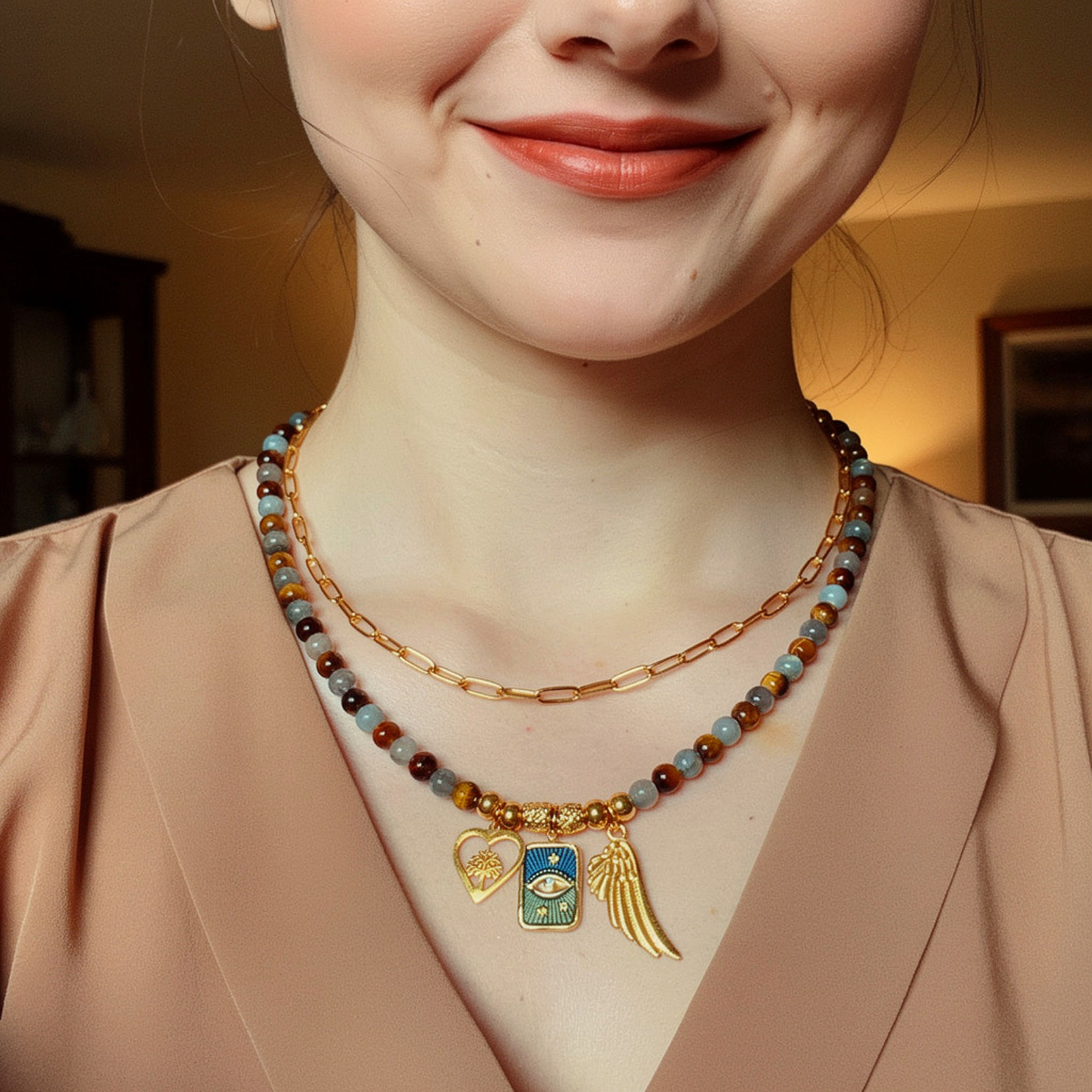 Collier Protection & Intuition – Labradorite & Œil de Tigre