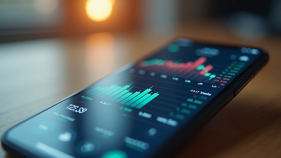 Close-up view of a smartphone displaying a financial app with investment charts
