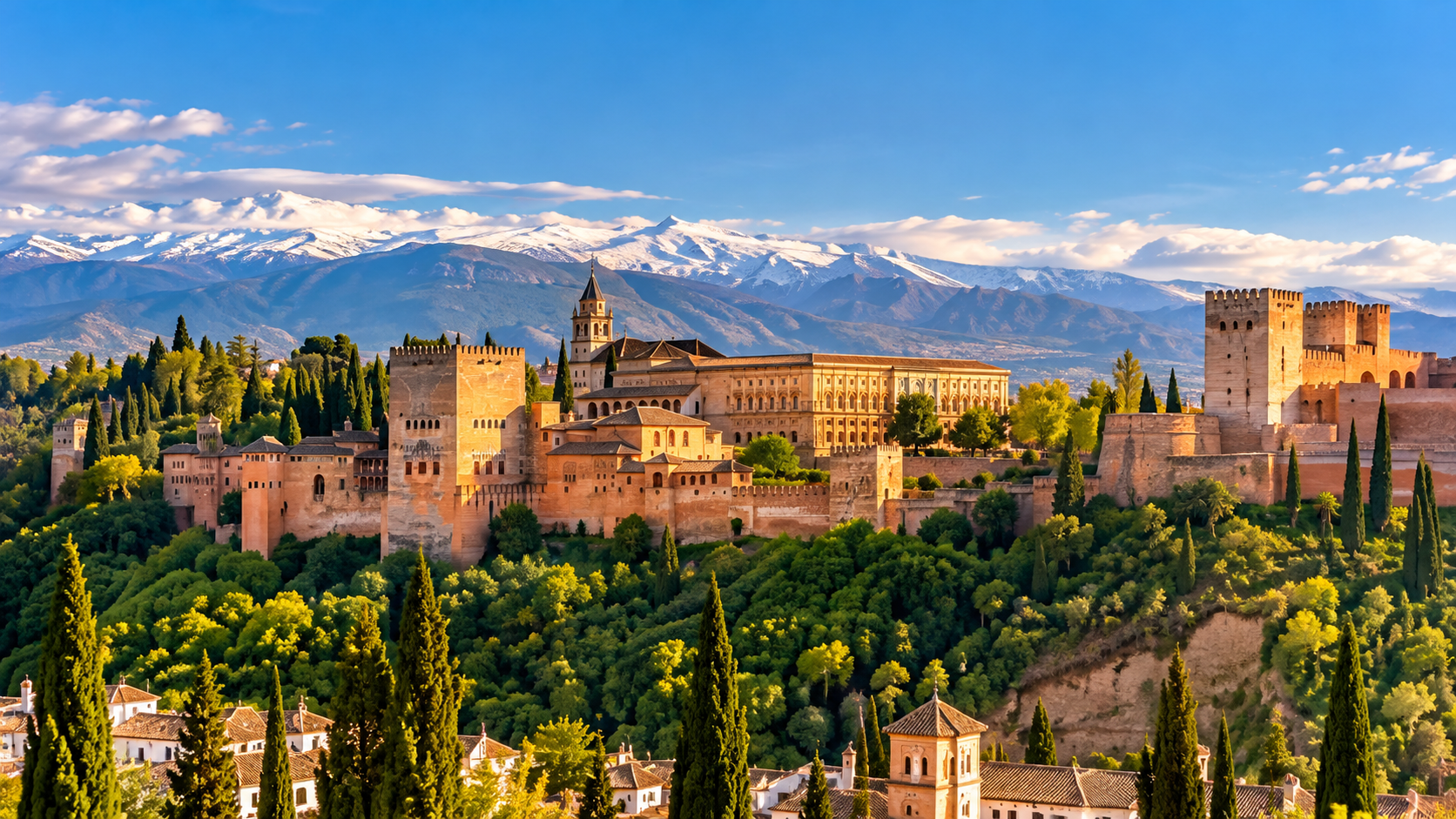 Vista artística de la Alhambra de Granada con Sierra Nevada