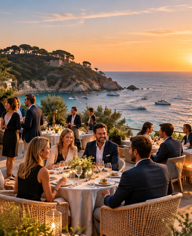 Cena corporativa en una terraza mediterránea