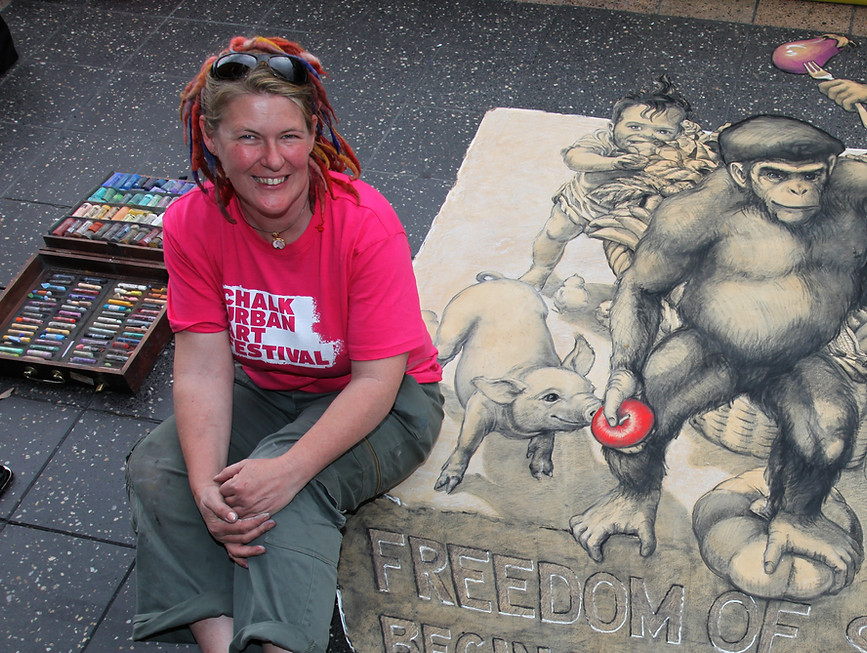 3D artist Jenny McCracken with her street chalk art, freedom of species begins on your plate