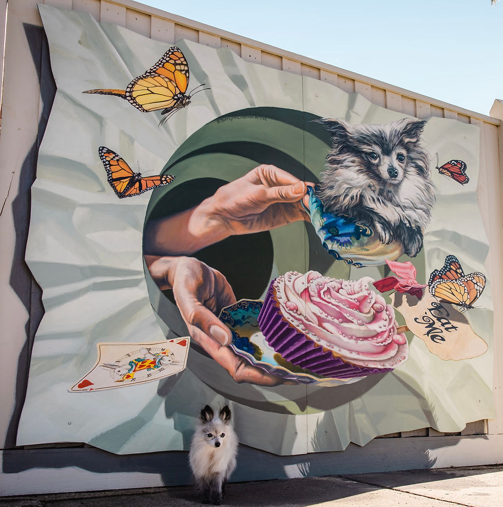 Large mural on a wall, colorful and bold