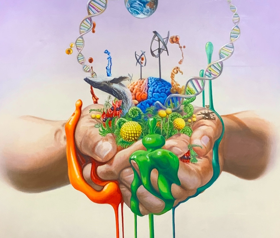 Surreal cover illustration for Cosmos magazine's Issue 100, showing two hands cupping a miniature landscape of brain hemispheres, DNA helix, wildlife, and technology, with colorful paint dripping from the hands.