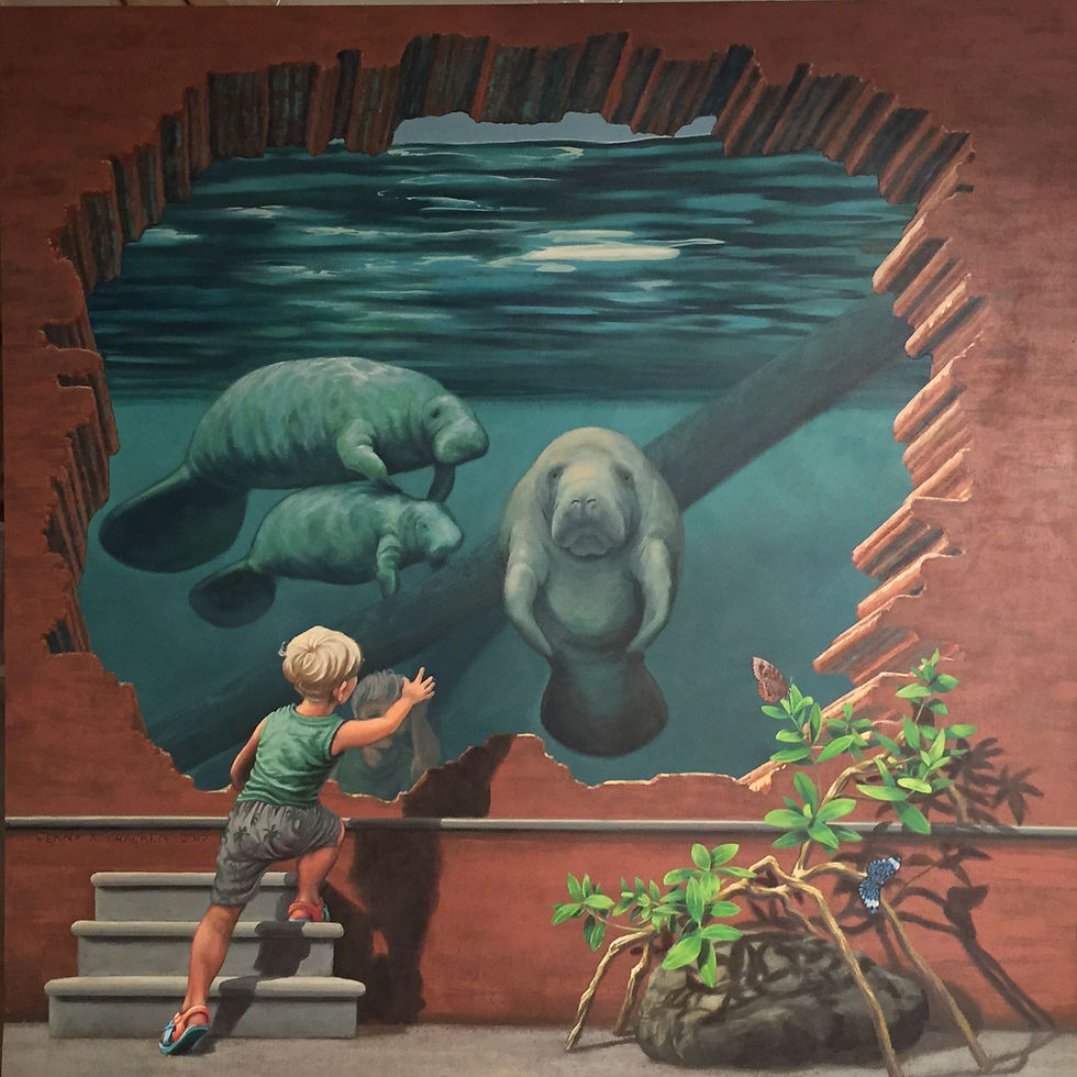 3D mural titled "I See You," depicting three manatees swimming underwater as seen through a broken brick wall, with a young boy reaching up toward them from a set of steps below. Signed "Jenny McCracken 2017."