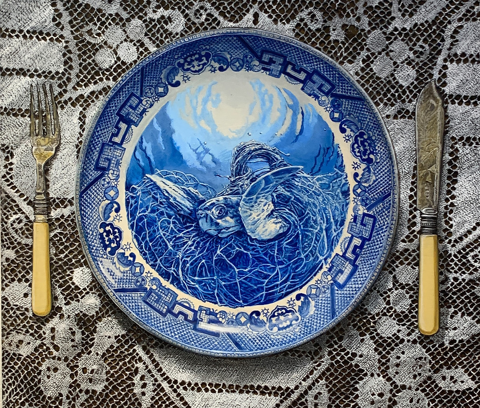 Trompe-l'oeil painting of a blue-and-white willow-pattern plate depicting two rabbits caught in a net under a night sky, flanked by a fork and knife, set against a lace-patterned background.