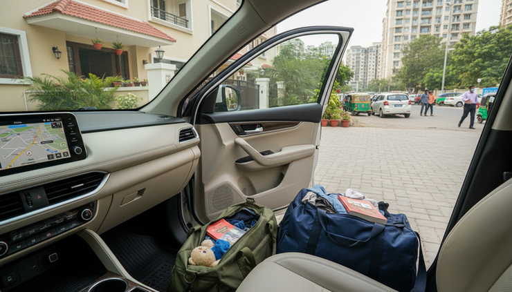 Eye-level view of an SUV cab parked beside luggage on a driveway.