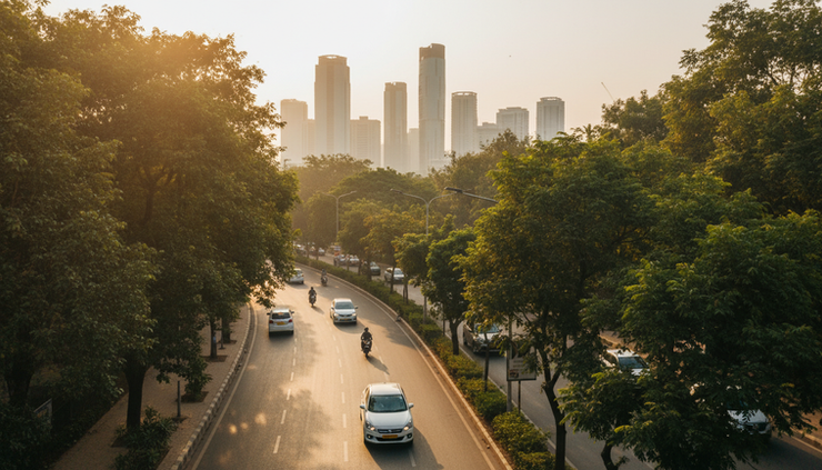 High-angle view of a cab driving on a tree-lined road in Gurgaon.