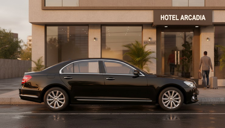 Side view of a premium cab parked near a hotel entrance in Gurgaon.