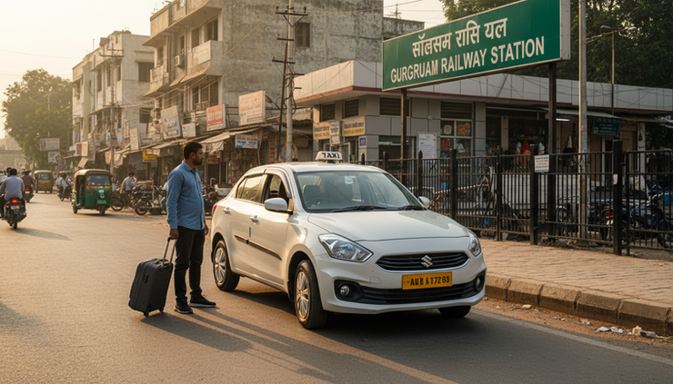 Eye-level view of a cab waiting near a railway station entrance.