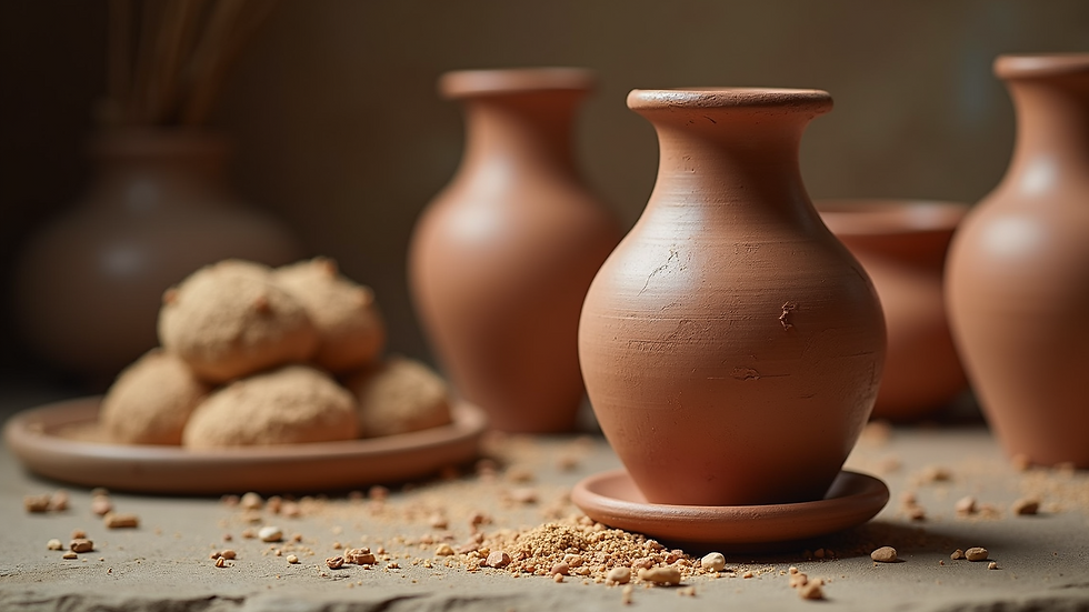 Eye-level view of a detailed handmade clay pot