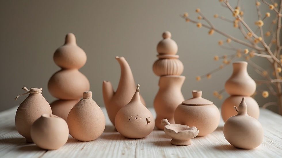 High angle view of a collection of various handmade clay sculptures