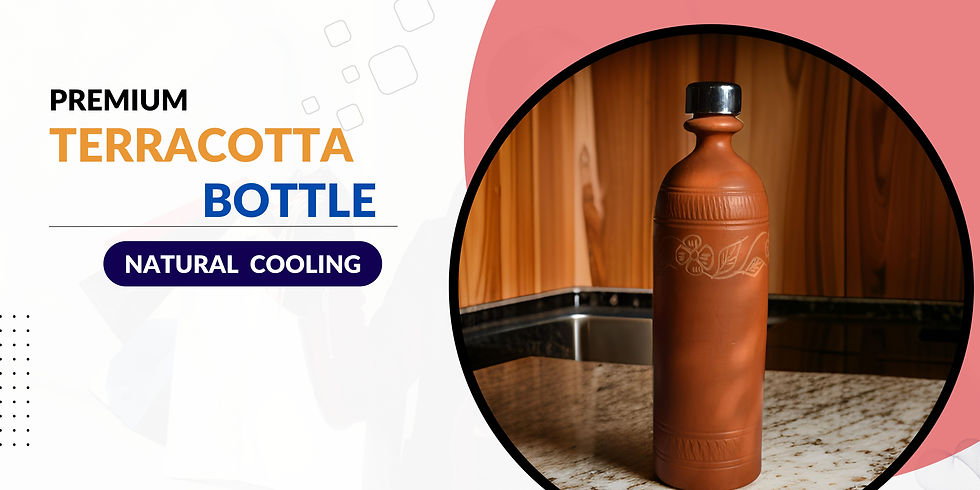 Close-up view of a traditional clay water bottle on a wooden table