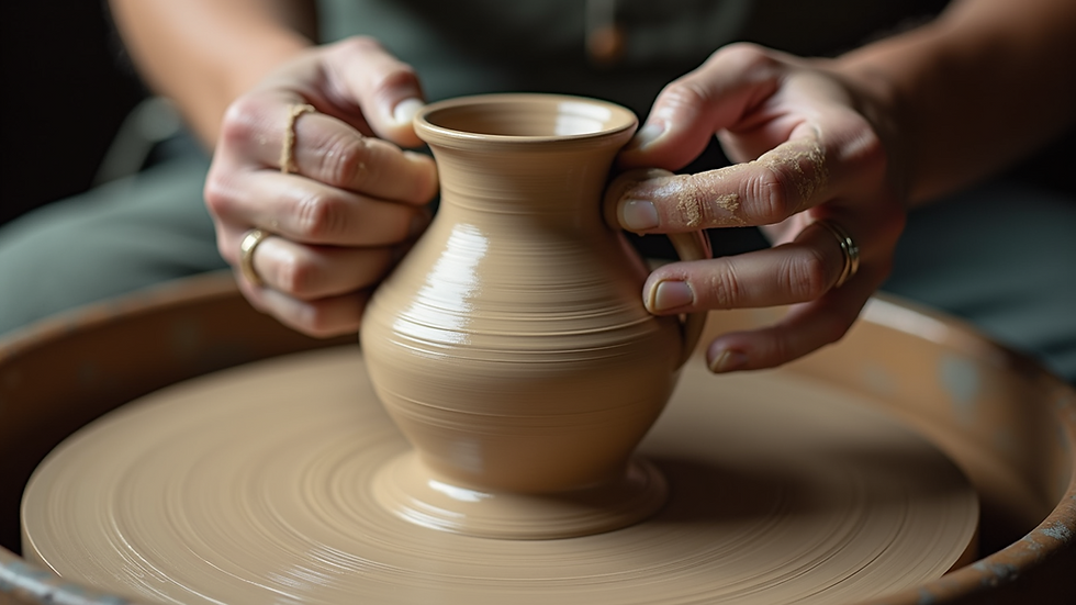 Close-up view of a potter's wheel with wet clay being shaped into a vase