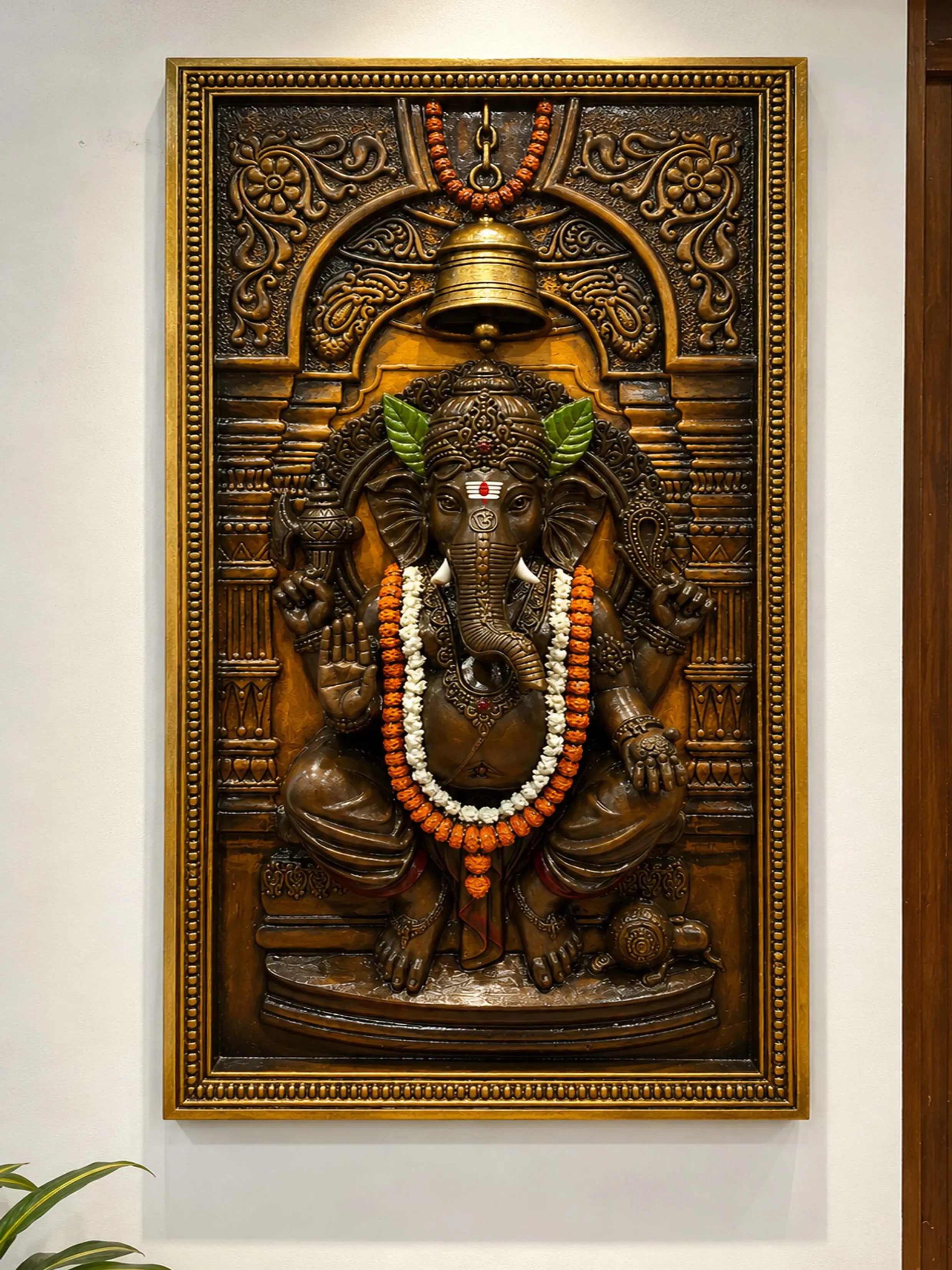 High angle view of a mural painting depicting Hindu gods in a traditional style