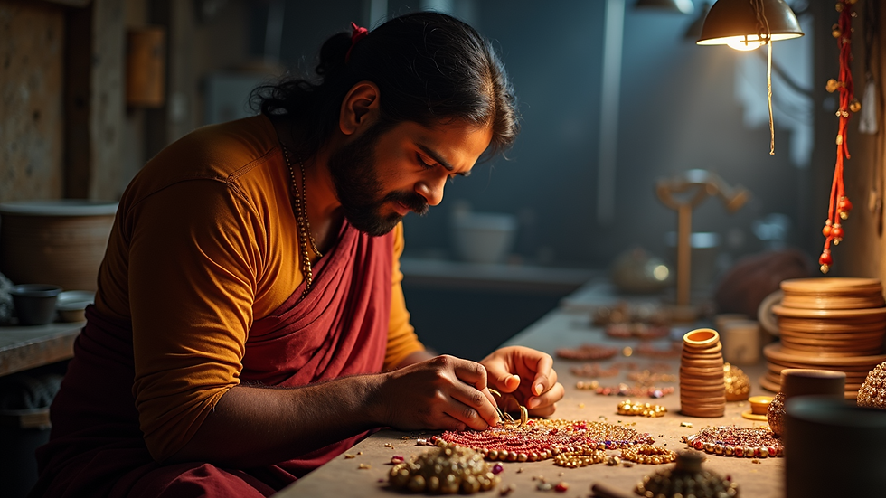 High angle view of artisan crafting traditional Indian jewelry in workshop