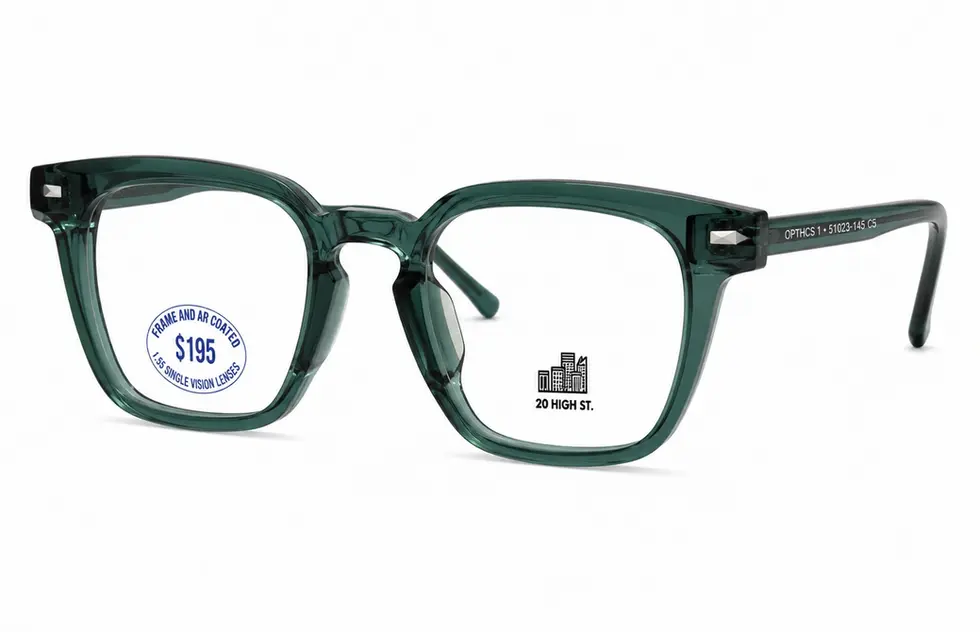 Translucent green square TR90 prescription glasses from the $195 complete package at Optics 1