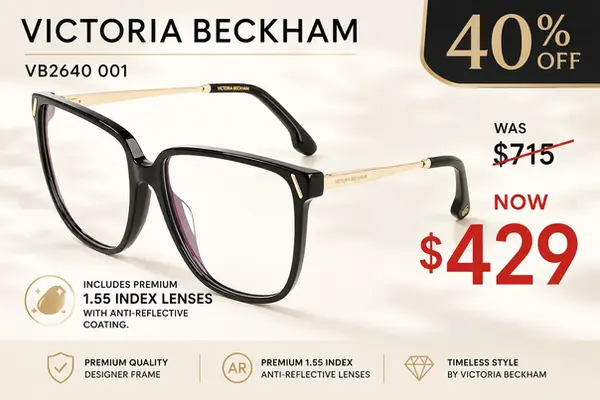 Save 40% on Victoria Beckham VB2640 001 prescription glasses with premium anti-reflective lenses (Now $429) at Optics 1.