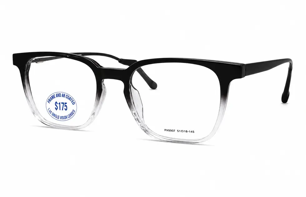 Stylish two-tone black to clear fade rectangular glasses frames for $175