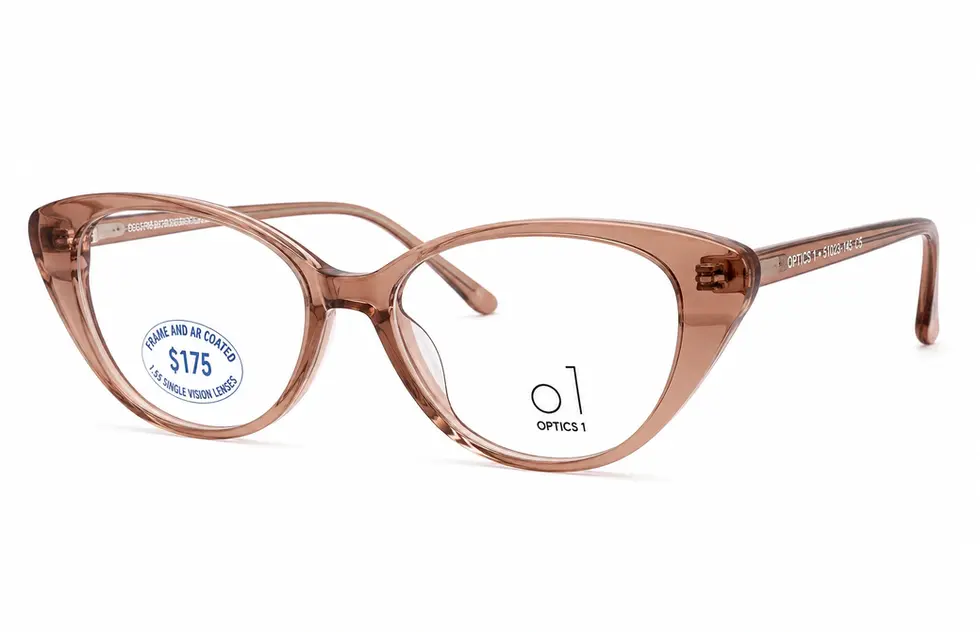 Trendy blush translucent cat-eye glasses frames with premium AR-coated lenses for $175