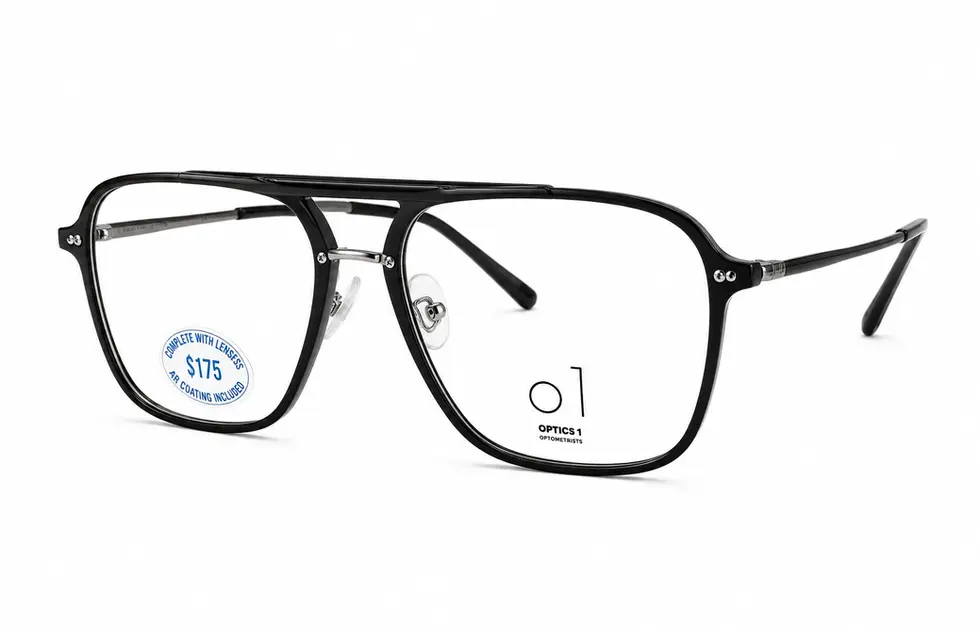 Black double-bridge aviator prescription glasses from the $175 complete package at Optics 1