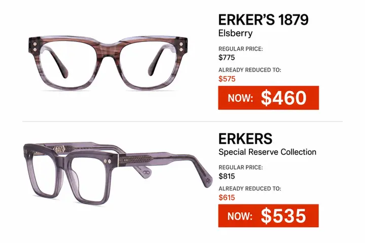 Promotional image featuring discounted Erker's 1879 Elsberry and Erkers Special Reserve Collection glasses frames on sale at Optics 1