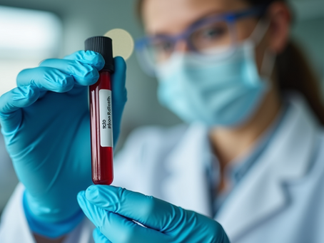 Laboratory technician with blood sample for Uric Acid - Serum test.