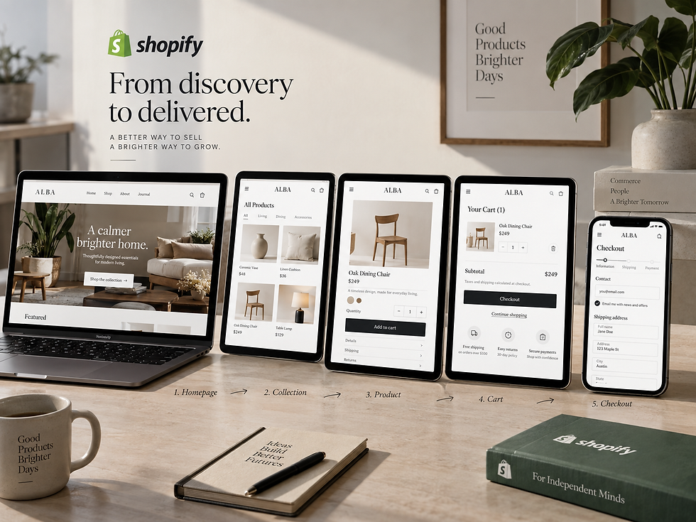 Experiencia de compra ecommerce en Shopify desde página principal hasta checkout con diseño web orientado a conversión.
