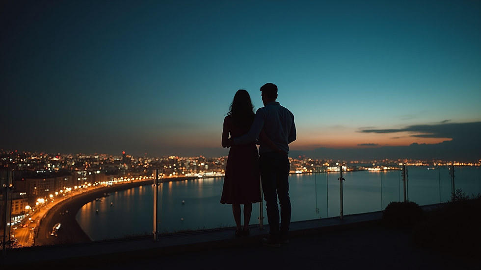 Vista desde un mirador nocturno con pareja disfrutando la ciudad