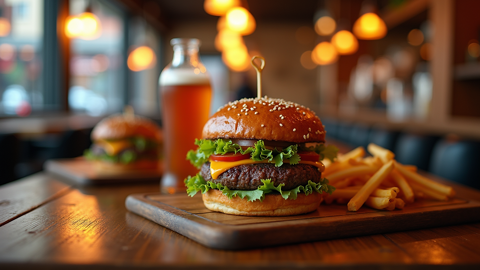 Primer plano de una hamburguesa gourmet en un restaurante con ambiente rockero