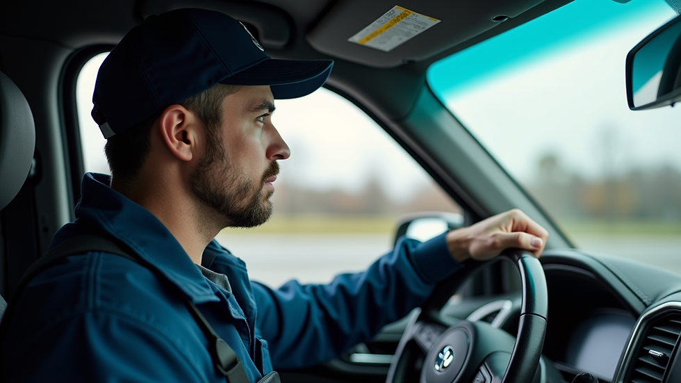 Eye-level view of a technician installing a dash cam inside a vehicle