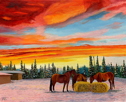 This painting captures a peaceful winter scene on the prairies, where three horses gather quietly around bales of hay as the day comes to a close. A vibrant, dramatic sunset fills the sky with sweeping strokes of fiery reds, oranges, and soft pinks, contrasted by a calm band of cool blue breaking through the clouds.
The painting blends bold, expressive skywork with detailed, textured elements in the landscape, evoking both the harsh beauty and quiet serenity of winter in the countryside. It’s a moment of stillness—where warmth, light, and life persist even in the cold.