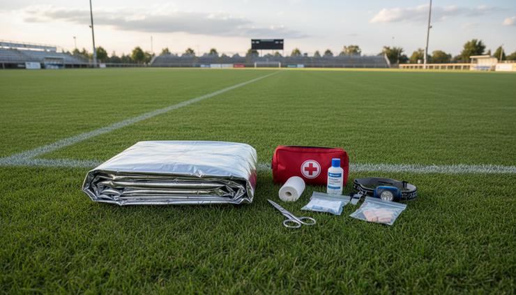 Wide-angle view of a first aid blanket placed beside a sports field boundary