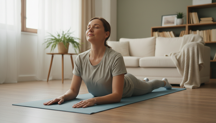Wide-angle view of a person doing a gentle back stretch on a yoga mat